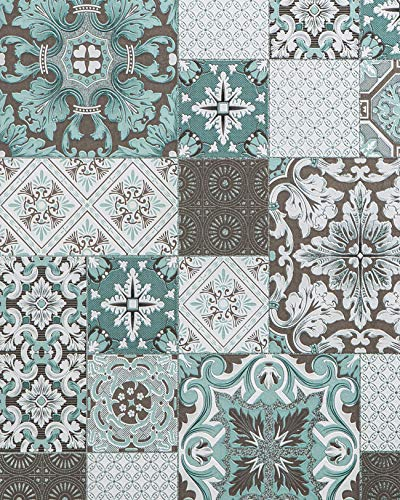 Kitchen Bathroom Wallpaper Wall EDEM 87001BR15 Vinyl Wallpaper Slightly Textured with Tile Pattern and Metallic Highlights Turquoise Grey Beige White Silver 5.33 m2 (57 ft2)