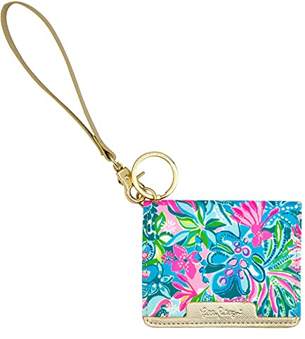 Lilly Pulitzer Snap ID Card Case, Cute Blue Keychain Wallet, Slim Credit Card Holder with Wristlet Strap, Golden Hour