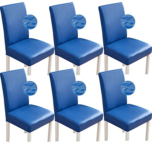 Bestenrose Stuhlhussen 6er/4er PU Leder Stuhlbezug wasserdichte Stretch Esszimmer Stuhlüberzug Stretch Stuhl Husse Universell Stuhlhussen Haus Büro Restaurant (6-Stück, Blau)
