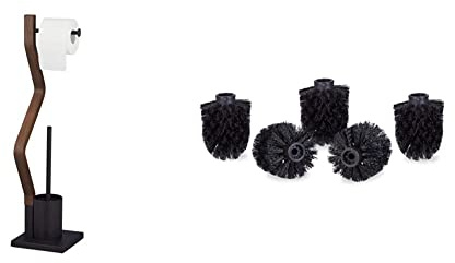 Relaxdays WC Garnitur stehend, Holz und Stahl, mit Bürste, 75x18,5x18,5 cm, schwarz/braun & WC Bürstenkopf im 5er Set, lose Toilettenbürsten 9,5 mm Gewinde, Ersatzbürstenkopf Durchmesser 8 cm, schwarz
