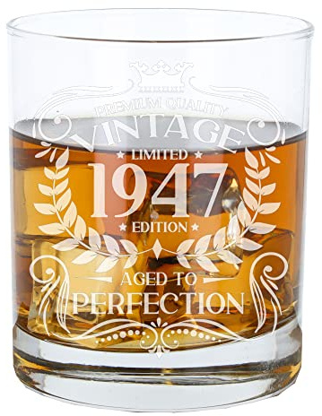 Regalo de 75 cumpleaños para hombres vintage de 1947 envejecido a la perfección, regalo de vaso de whisky grabado para 75 años de edad, whisky borbón, whisky, bourbon, escocés, lowball