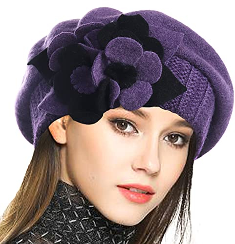 VECRY Damen 100% Wolle Französische Baskenmütze Blumen Strickmütze Schädelkappe Kleid Wintermütze (Violett,M)