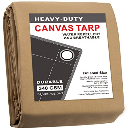 CARTMAN Finished Size 6x8 Feet Tan Canvas Tarp with Rustproof Grommets, 12 Oz Heavy Duty Multipurpose Tarpaulin Cover for Canopy Tent, Roof, Camping, Woodpile