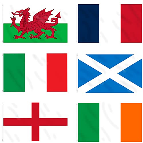 Six Nations Rugby-Flaggen, 152 x 91 cm, 6 Nationen-Flaggen mit Ösen, Flaggen von England, Schottland, Wales, Irland, Frankreich und Italien, ideal für Sport, Pub, Club und Gartendekorationen