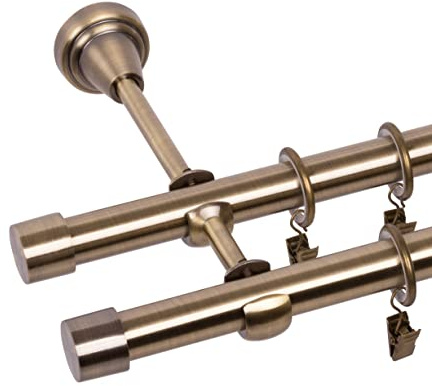 RENA Gardinenstange 2-läufig 200 cm - Loft Modern - 19 mm Metall Vorhangstange für stilvolle Wohnräume - Komplettset mit lautlosen Rollen - Antik Gold Luna