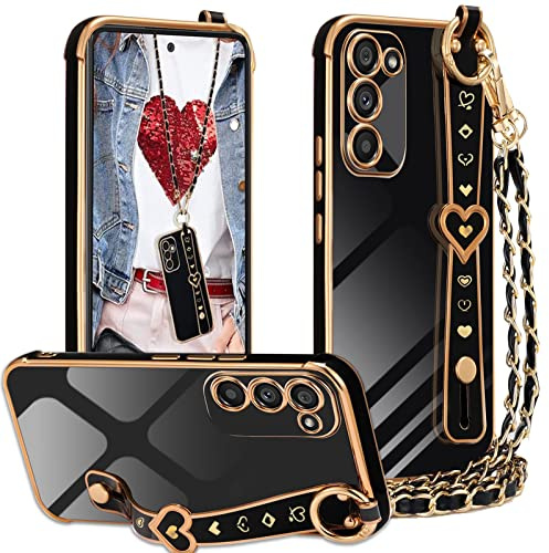 Handykette für Samsung Galaxy S20 FE 5G Hülle mit Band Riemen Kickstand, Necklace Hülle mit Band Kameraschutz Handyhülle Plating Liebe Herz Luxus Armband TPU Stoßfest Schutzhülle für Samsung S20 FE