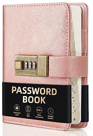 WEMATE Passwortbuch mit Schloss, Passwortbuch mit alphabetischen Registerkarten, 600+ Passwortplatz, Passwort-Organizer, Logbuch mit Schloss (Roségold)