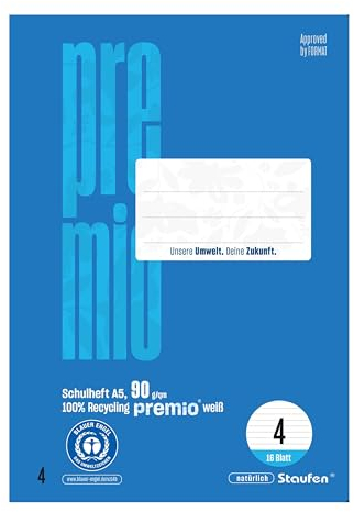 Staufen premio Schulheft - 10 Hefte je 16 Blatt, DIN A5, Lineatur 4 (liniert), 90 g/m² Recyclingpapier, runde Ecken verhindern „Eselsohren“