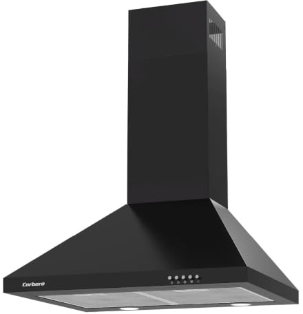 Corberó KURAMATHI660B dekorative Dunstabzugshaube, Pyramide, 60 cm, Durchflussmenge 621,71 m³/h, 165 W, 3 Geschwindigkeitsstufen, 2 Aluminiumfilter, Kohlefilter, Energieeffizienzklasse A, Schwarz