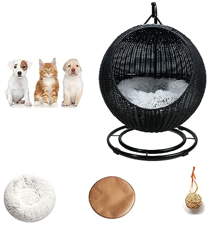 QLXYYFC Katzenbett aus Weidengeflecht, für Kätzchen, Haustierhöhle, Gemütliche Höhle mit Weicher Kissenkuppel, Abnehmbares, Waschbares, Erhöhtes Katzenbett aus Rattan (Color : Noir, Size : 43cm X 66