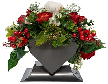 Grabgesteck aus Rosen in Herzvase, rot, ca. 30 cm hoch, künstliche Blumen, stabile beschwerte Schale, wetterfest – Friedhofsdeko für Grab, Urnengrab & Gedenkstätte – Allerheiligen Dekoration