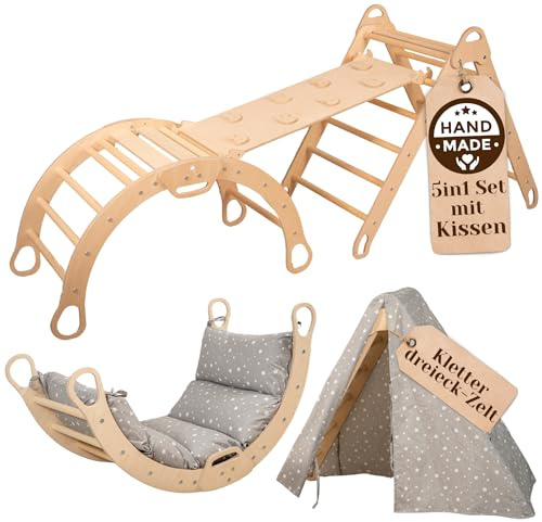 WoodsCraft 5in1 Set: Große Kletterbogen mit Kissen, Kinderzelt Indoor & Kletterdreieck mit 2in1: Rutsche Indoor/Klettern Rampe | Holz Montessori Klettergerüst Indoor | Indoor Klettern Kinder & Baby