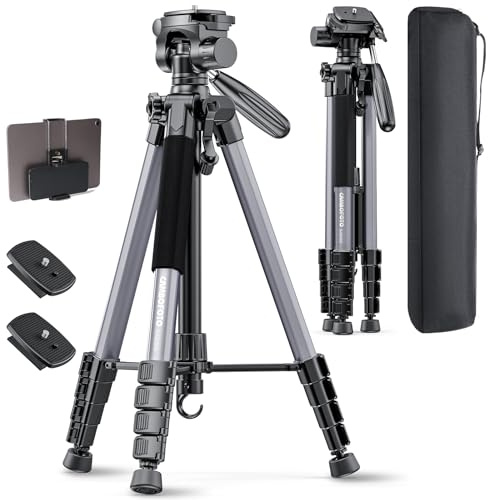CAMBOFOTO Trépied Compact pour Appareil Photo 188 cm, Tête Panoramique 360° - Léger (1.4 kg) et Stable, Design Pliable avec Sac de Transport, Compatible DSLR/Smartphone/Caméra Vidéo (Gris)