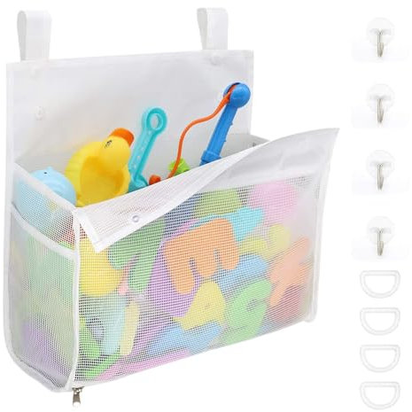 Mecmbj Rete Porta Giochi da Bagno con 4 Ganci - Borsa Portaoggetti Sospesa per Vasca, Giocattoli e Accessori