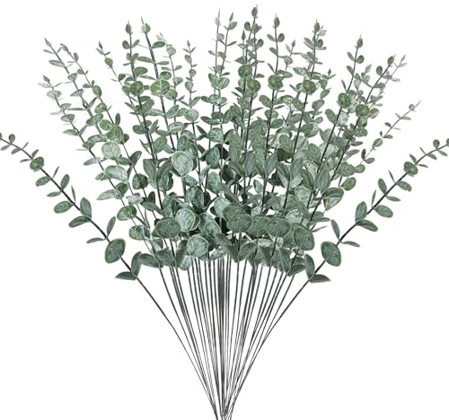 LUKDUNG 20 Stück Künstliche Eukalyptus Deko, Gefälschte Eukalyptuszweige Blumendekoration, Dunkelgrüne Eukalyptus Pflanzen Dekoration für Hochzeit Party Home Blumenarrangement Tischdekoration