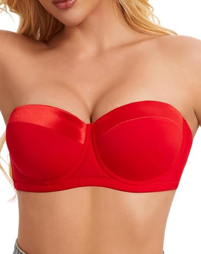 Women's Push up Strapless Bra with Clear Straps for Big Bust, Never Move On Party Band Size(34-48) Cup B/C/D/DD/DDD/G, Red, 34E