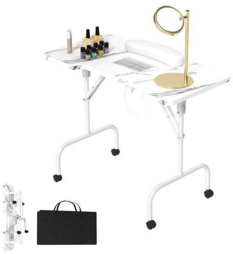 LARS360 Tavolo per manicure con aspirazione, pieghevole, per manicure e manicure, portatile, con ruote, sacchetto per la polvere, borsa per il trasporto, venature bianche