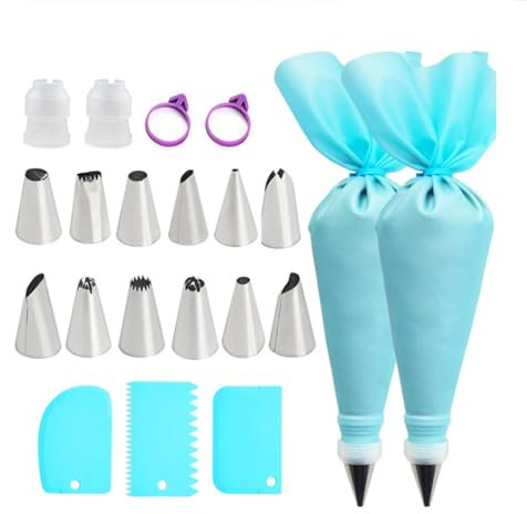 Juego de 21 bolsas y boquillas reutilizables, herramientas de decoración para hornear, con boquillas de acero inoxidable, bolsas de glaseado y boquillas para decoración de pasteles, galletas