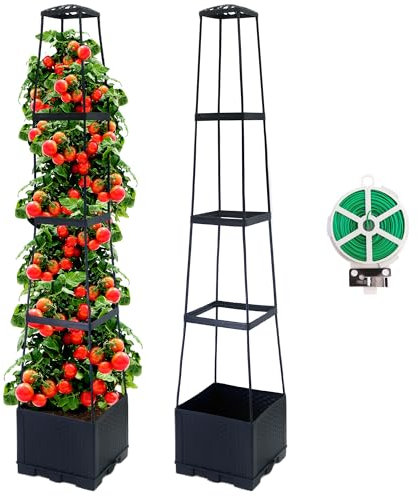 2 Packs 144CM raised beds for garden planter with trellis self watering tomato planters with Trapezoidal Trellis for Climbing Plants Tomato Pot Flowers Vegetable Planters Outdoor Planter Box(57)