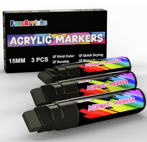 FansArriche Pennarelli Vernice Acrilica, Punta Grossa Marker Jumbo 15 mm, Nero penne permanenti per Pietra, Metallo, Legno, Stoffa, Vetro, Ceramica, Pennarelli Acrilici, 3 Confezioni