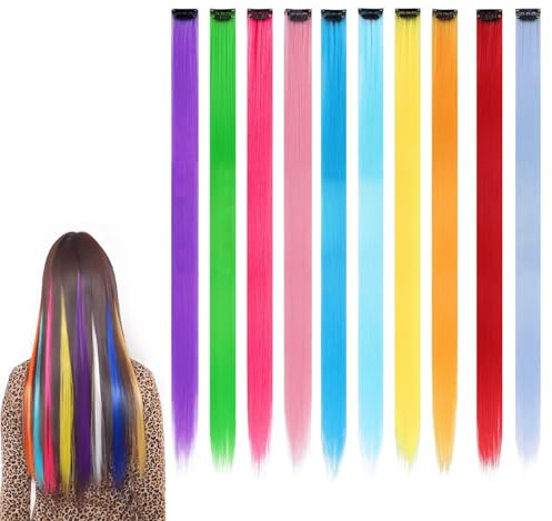 10 Piezas Extensiones de Clip de Pelo Colores, 22 Pulgadas, para Mujeres Niñas Festivales Cosplay, Multicolor