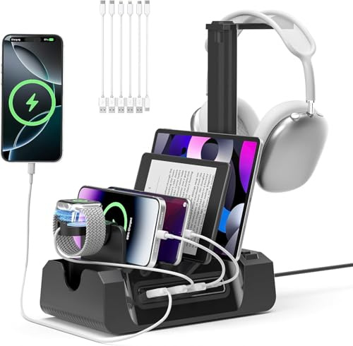 KDD Charging Station for Multiple Devices,3 USB Ports 2AC Outlets Charging Dock with Headphone Stand and i-Watch Holder,6 in 1 Storage for iPhone/Samsung/Google/Tablets/USB Devices(with 6 Cable)