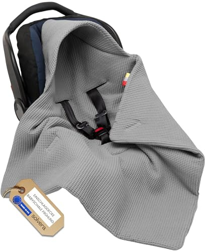 Solvera_Ltd Einschlagdecke Babyschale Kinderwagen Baumwolle Dunkelgrau | Waffelpiqué mit Windschutz und Klettverschluss, für Autositz Buggy, nur 3-Punkt-Gurt, atmungsaktiv, 0-4 Monate, Oeko-Tex