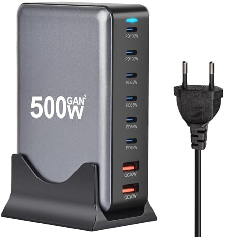 Chargeur Secteur 500W Multiprise HUB GaN3 - Station de Charge 8 Ports USB (6 USB-C 100W & 65W + 2 USB-A 20W) - Charge Rapide Universelle pour Téléphone, Ordinateur Portable, Tablette - Câble EU 1,5m