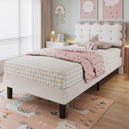 FammyLoft 3ft Youth Bed Frame with Biscuit Shape Velvet Backrest, Upholstered Bed with Comfortable Soft Headboard for Bedroom, Single Bed Frame, 90×190cm, Beige+Pink (No Mattress)