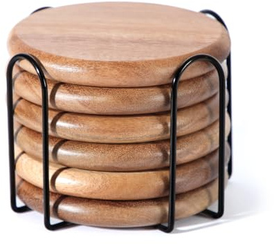 HALE OTEIR Acacia Wood Round Coasters Set of 6 with Holder, 3.93 Inch Rustic Wood Coasters with Smooth Rounded Edge for Mugs, Glasses, Coffee & Wine, Perfect for Home, Office or Christmas