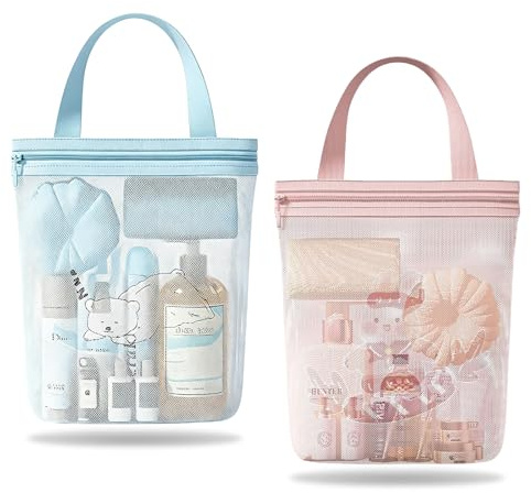 KASESSS 2 Pcs Shower Caddy Portable Bags, Mesh Toiletry Bags for Women, 3 Pockets Wash Bag with Cartoon Embossing, Quick Dry Portable Showers Caddy for College Dorms, Beach, Camping, Swimming, Travel