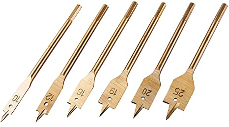 Amtech - 6pc flat wood bit set, titanium coated, quick-change hex shanks, clean fast cuts in softwood/hardwood, pouch included, sizes 10/12/16/19/20/25mm