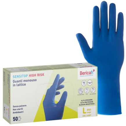 Bericah,Sensi Top High Risk, Guanti in Lattice, Senza Polvere, Taglia L,50 Pezzi
