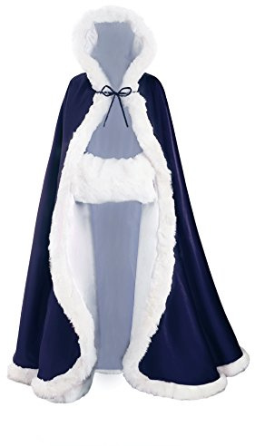 BEAUTELICATE Mantello con Cappuccio Donna Mantella Lungo Pelliccia Sintetica Raso da Sposa con Mano Manicotto per Matrimonio Invernale Hallween Natale Carnevale Cosplay (Blu Navy, 127cm)