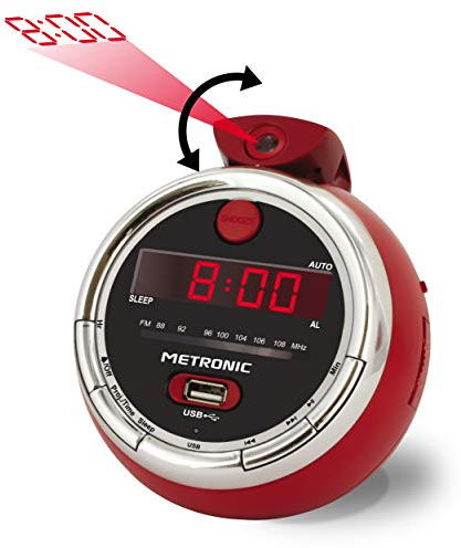 Metronic 477024 Radio Réveil FM Cherry - USB Projection Plafond Double Alarme Matin Avec Fonctions Sleep/snooze Et Piles De Sauvegarde De L'heure - Rouge