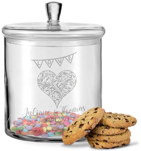 GRAVURZEILE Leonardo Keksglas mit Gravur - Keksdose Bonbonglas mit Deckel - Vorratsdose personalisiert mit Namen & Datum - Geschenk für Paare, zur Hochzeit als Geldgeschenk - Farbe: Herz