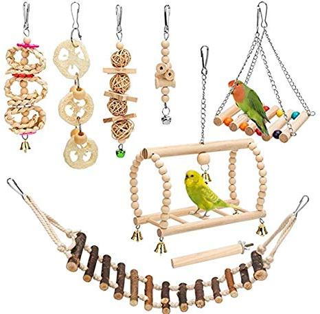 Ototon 8-teiliges Vogelspielzeug-Set, hängend, aus Naturholz, Spielzeug, Schaukel, Brücke, Sittich, für Papagei, Finken, Papagei