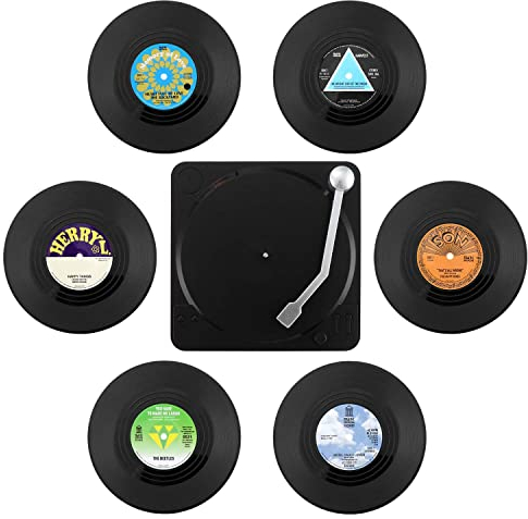 6 sottobicchieri retrò a forma di disco in vinile, con contenitore, antiscivolo, isolati
