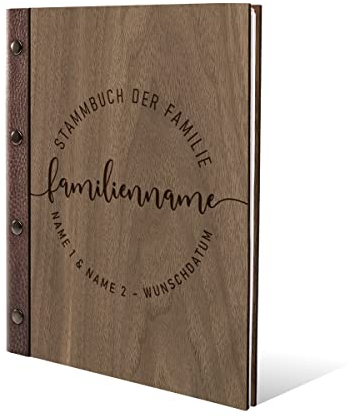 Personalisiertes Stammbuch Hochzeit aus echtem Holz mit Leder Rücken A5 oder A4 inkl. vorgedruckten Seiten - Lebenslinie