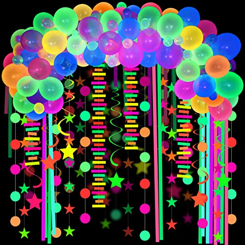 Tacobear 104 Pièces Ballon Fluorescent Dans Le Noir Fluorescentes Lumineux Fournitures de Fête Arche de Ballons Fluorescent Fluorescents Des Points Étoile Guirlande Pour Lueur Néon Décoration de Fête