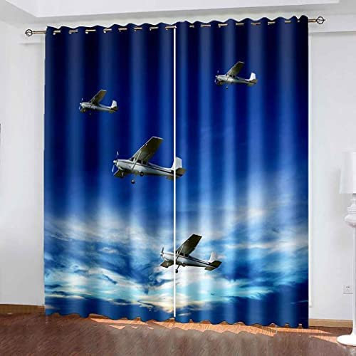 Vorhang Blickdicht Ösen Thermo Verdunkelungs Polyester Gardinen 2 Stück 3D Flugzeug Des Blauen Himmels Für Schlafzimmer Wohnzimmer Kinder Oder Babyzimmer 150(B)X166(H) Cm - Bedruckte Verdunkelungsvor