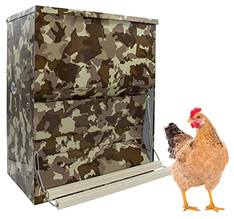 Futtertrog für Hühner und anderes Geflügel | 40 kg Futtertrog mit Fußpedal | Automatischer Trichter Vogel- und mäuseabweisend | Camouflage-Farbe | Verstellbares Pedal