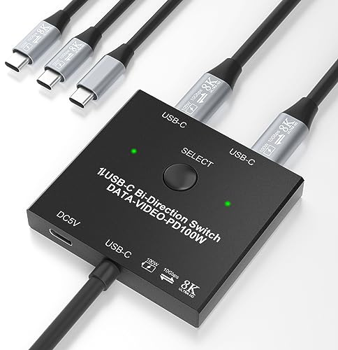 8K USB-C Switch, Bi-Directional KVM Switch with Wired Remote & 2 USB-C Cables, 100W Charging+10Gbps Data+Video Transfer, 8K@60Hz/4K@144Hz