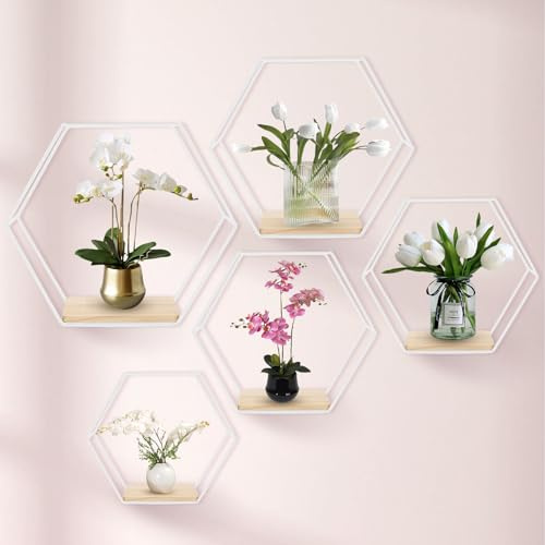 panthem Hexagon Wandregal Weiß Metall 5er Set, Regal Wand Deko Hängeregal Loft Wandregale, Wand Regal Weiss für Wanddeko in Wohnzimmer, Schlafzimmer, Bad, Café und Hotel