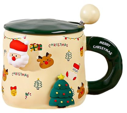 Fenhua Taza De Café De Cerámica Navideña con Reno Y Muñeco De Nieve - 400 Ml, Tapa Y Cuchara, Magnética Festiva - Lindas Tazas para Festivales