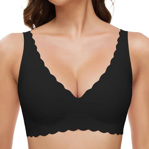 GXOULRRA Komfort Tief V BH Damen ohne Bügel Nahtloser Bügelloser BHS Klassische Soft Bustier Seamless T Shirt Bequem Bralette mit zusätzlicher Schwarz S