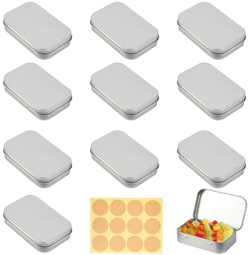 RVLZKCPG 10 stycken metallburkar, plåtburkar med lock rektangulär, bärbar tom metalllåda, liten metallburk med 12 klistermärken för förvaring hemma och gör-det-själv-pysseler (silver)