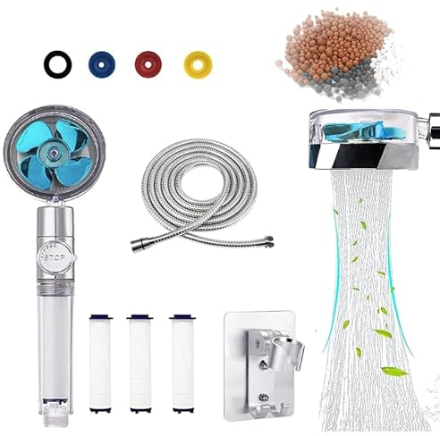 SoffioneDocciaSoffione Pressione Soffione Anticalcare Ruotabile a 360°, Soffione Manuale alta Pressione con Cotone Filtrante 4 pp, 1 Flessibile Doccia e Supporto Doccia no-Punch Argento(blu)