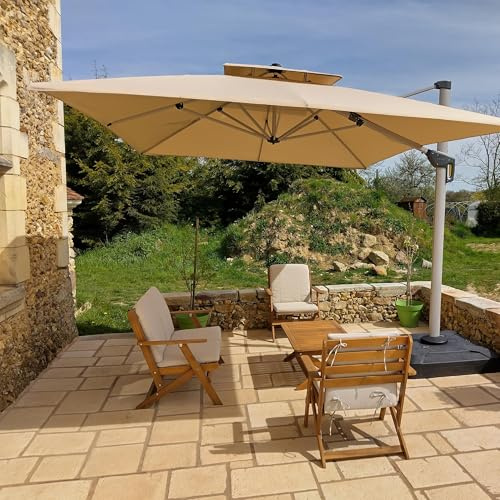 PURPLE LEAF Parasol Déporté 3 x 3 m Carré avec Pied, Parasol de Jardin Extérieur à Toit Double Rotatif 360°, Pour Terrasses, Terrains de camping, Restaurants Extérieurs, Beige