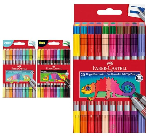 Faber-Castell 205098 - Filzstifte Set Pastell und Neon, 20 Doppelfasermaler für Kinder und Erwachsene & 151119 - Filzstifte Set 20-teilig, Doppelfasermaler für Kinder und Erwachsene
